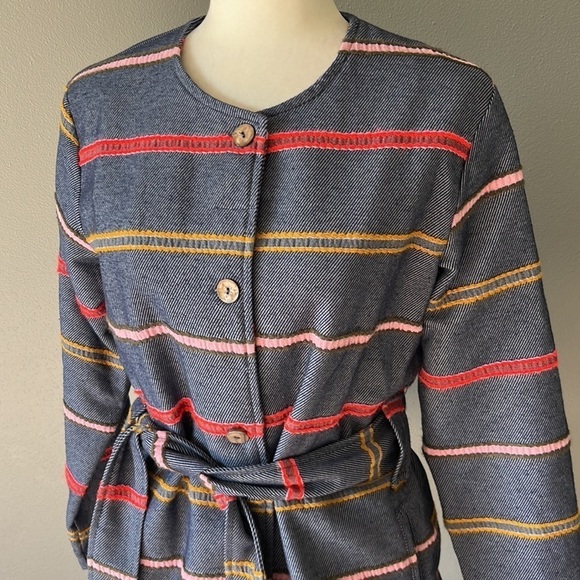 Anthropologie Dolan Picadilly Stripe Coat Textured Blue Belted - Picture 2 of 11